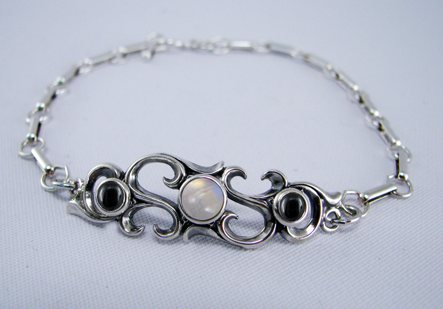 Sterling Silver Filigree Bracelet With Rainbow Moonstone And Hematite
